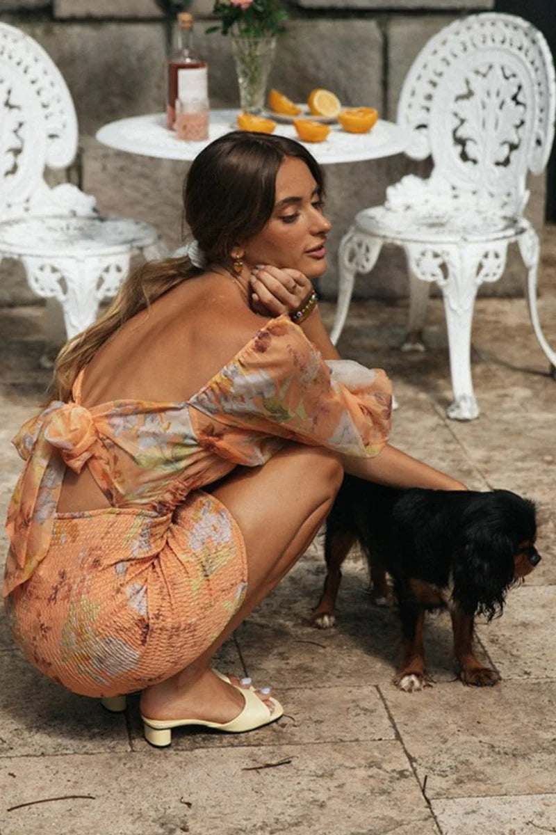 Floral Lantern Sleeve Backless Lace Up Mini Dress