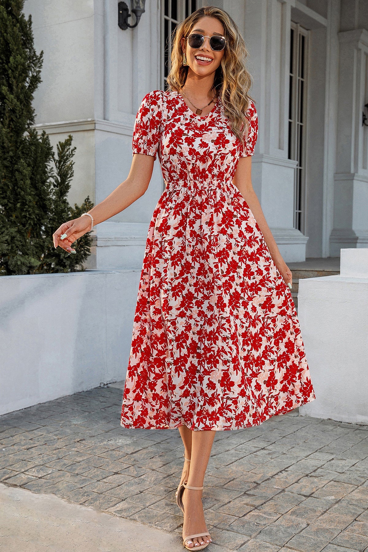 Floral Puff Sleeve Lace Up Backless Midi Dress