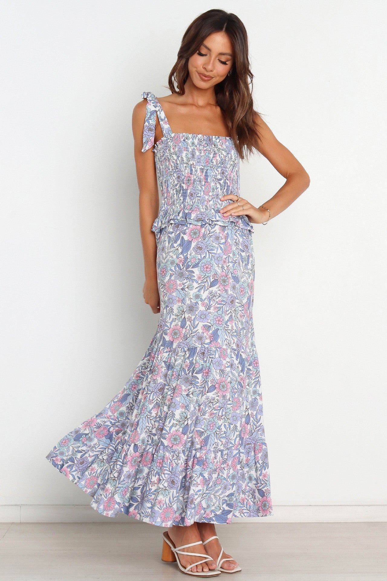 Floral Smocked Elastic Lace Up Cami Midi Dress