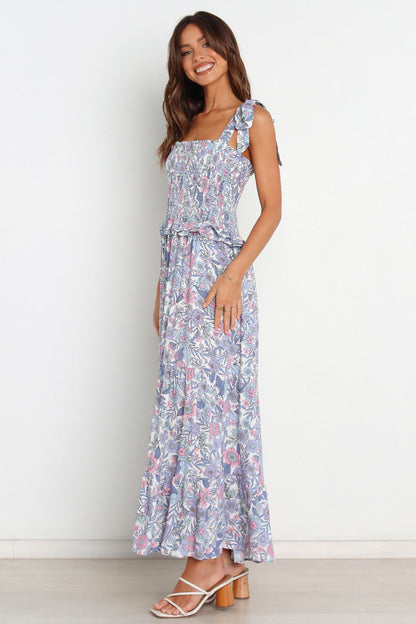 Floral Smocked Elastic Lace Up Cami Midi Dress
