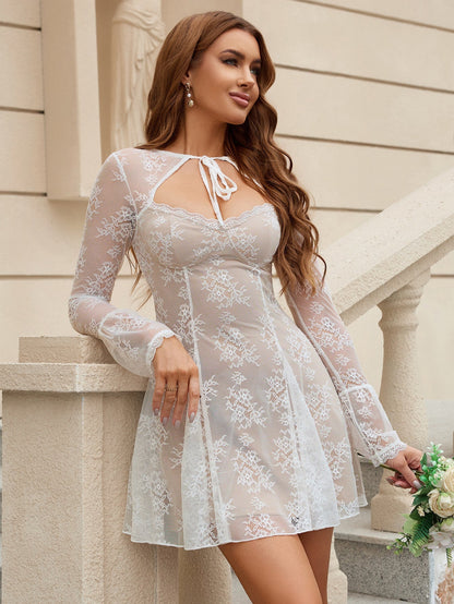 Flounce Sleeve Tie Front Lace Mini Dress