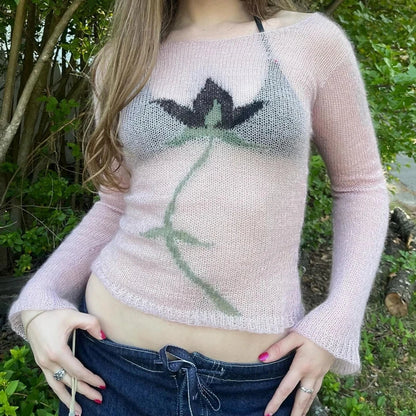 Flower Long Sleeve Cropped Knitted See-Through Sweater Top Women