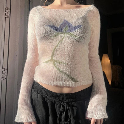 Flower Long Sleeve Cropped Knitted See-Through Sweater Top Women