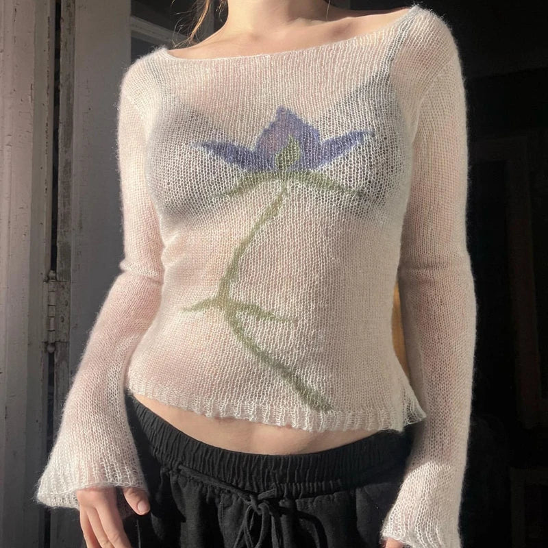 Flower Long Sleeve Cropped Knitted See-Through Sweater Top Women
