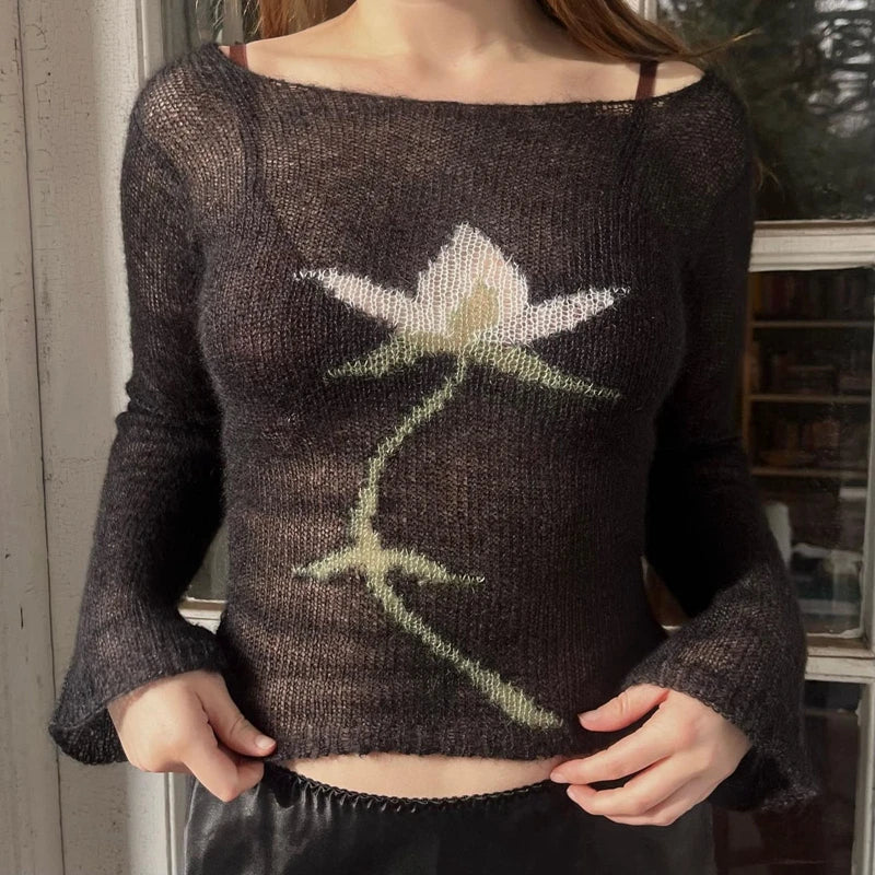 Flower Long Sleeve Cropped Knitted See-Through Sweater Top Women
