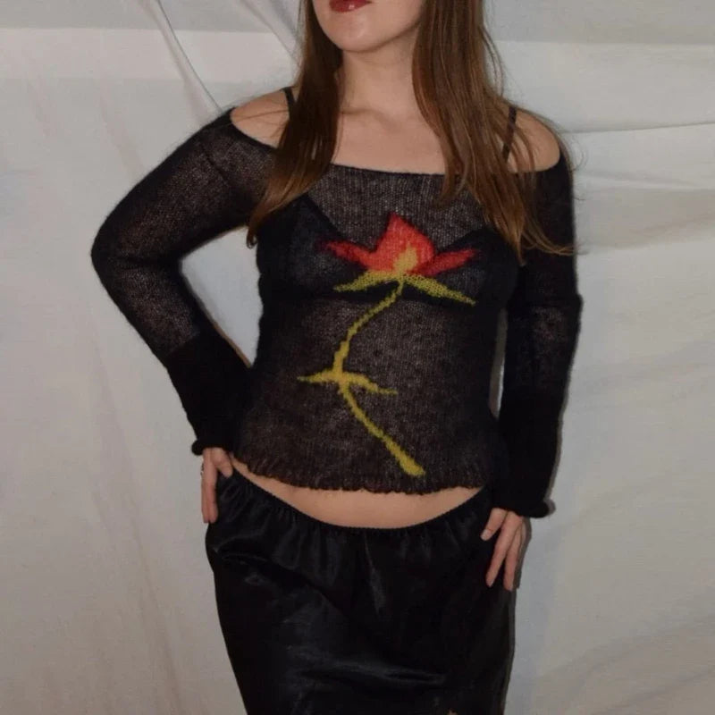 Flower Long Sleeve Cropped Knitted See-Through Sweater Top Women