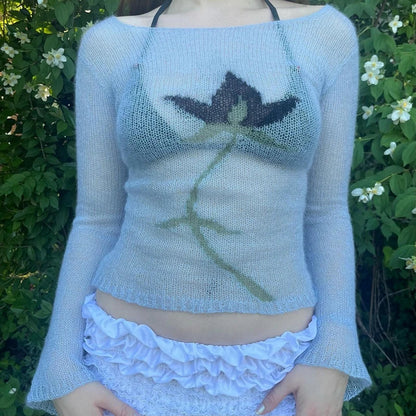 Flower Long Sleeve Cropped Knitted See-Through Sweater Top Women