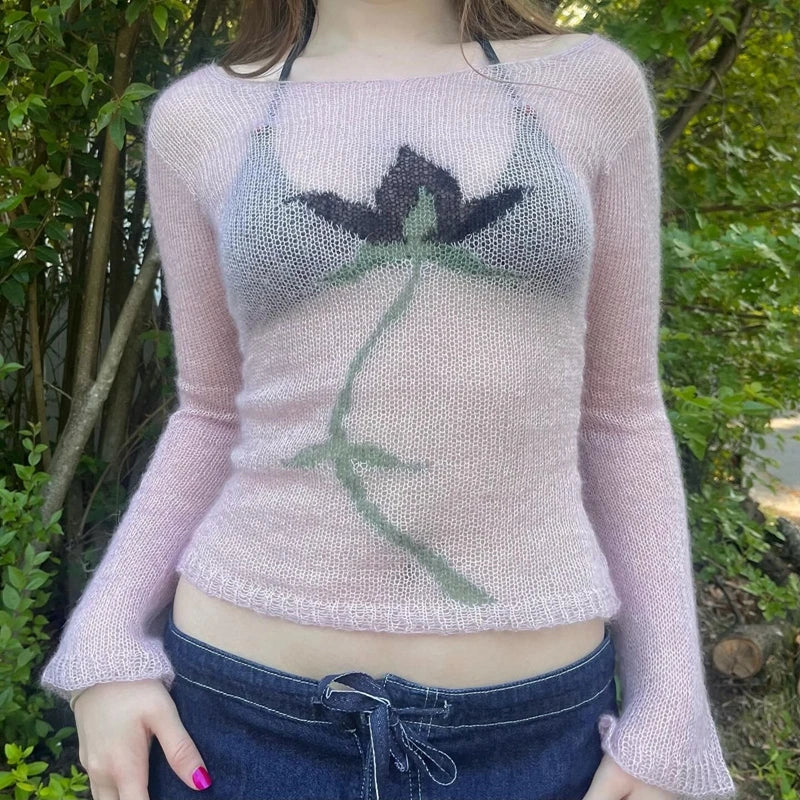 Flower Long Sleeve Cropped Knitted See-Through Sweater Top Women