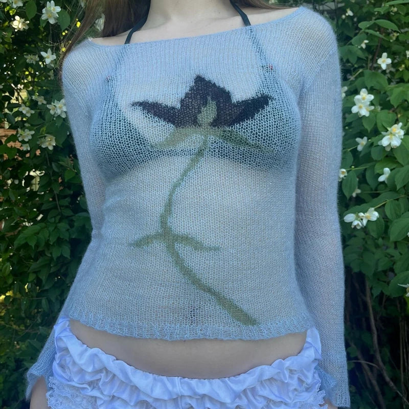 Flower Long Sleeve Cropped Knitted See-Through Sweater Top Women