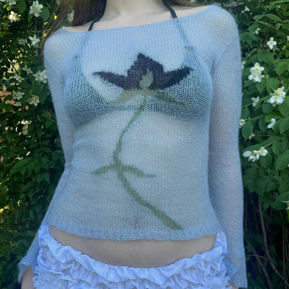 Flower Long Sleeve Cropped Knitted See-Through Sweater Top Women