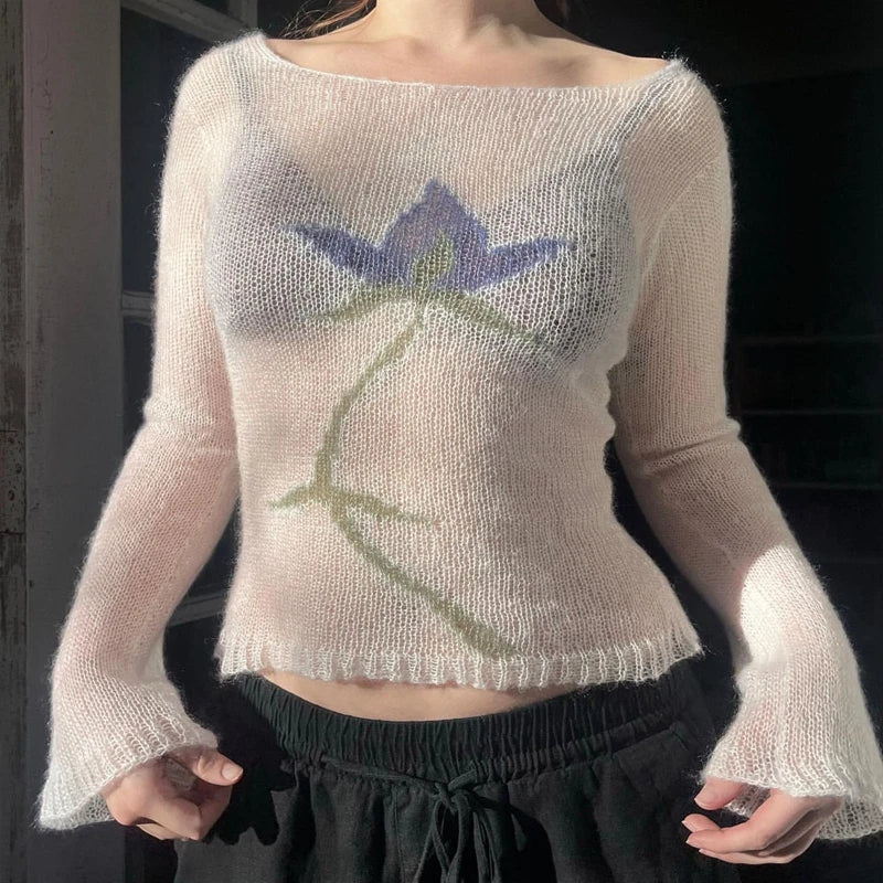 Flower Long Sleeve Cropped Knitted See-Through Sweater Top Women