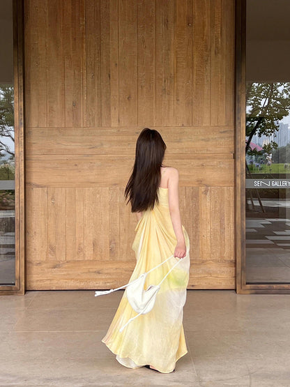 Flowy Yellow Tie-Dye V-Neck Maxi Dress Ethereal Summer Escape