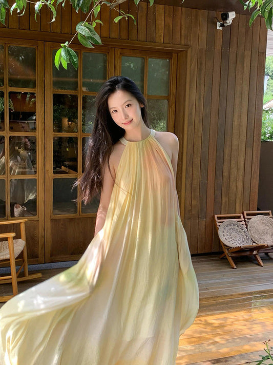 Flowy Yellow Tie-Dye V-Neck Maxi Dress Ethereal Summer Escape