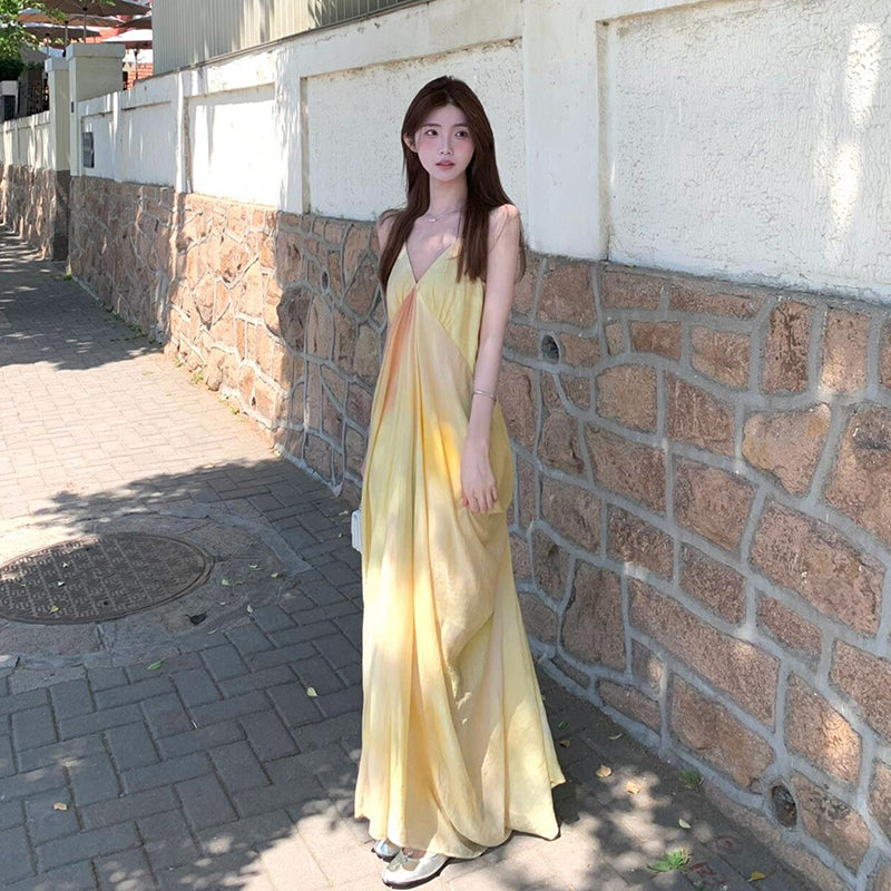 Flowy Yellow Tie-Dye V-Neck Maxi Dress Ethereal Summer Escape