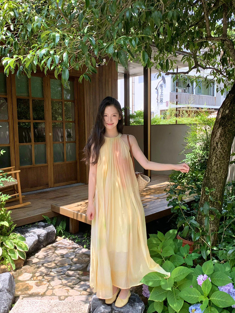 Flowy Yellow Tie-Dye V-Neck Maxi Dress Ethereal Summer Escape
