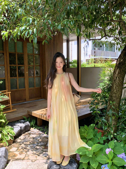 Flowy Yellow Tie-Dye V-Neck Maxi Dress Ethereal Summer Escape