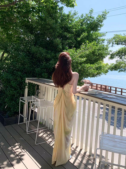 Flowy Yellow Tie-Dye V-Neck Maxi Dress Ethereal Summer Escape