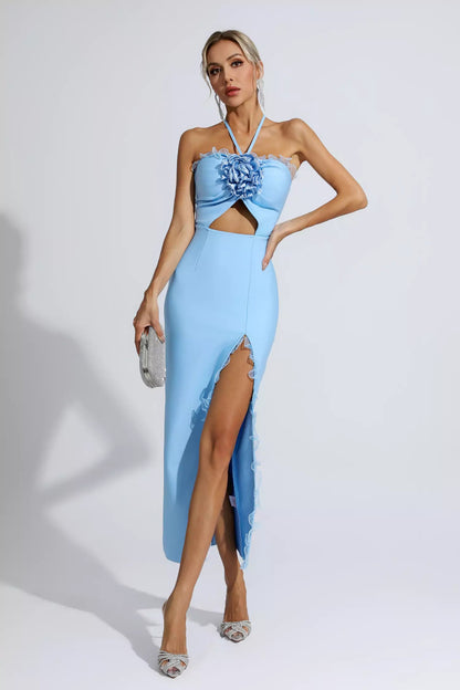 Francesca Blue Floral Ruched Maxi Dress