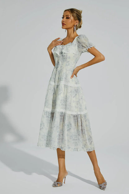 Frank White Flower Printed Midi Dress