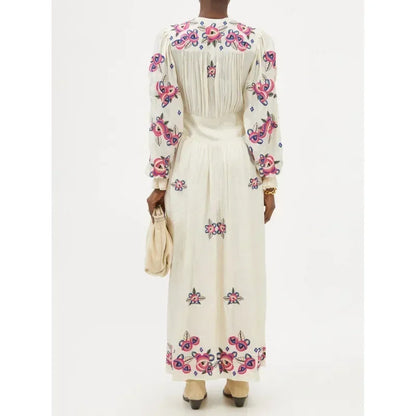 V-neck Floral A-line Lantern Sleeve Cotton Boho Dress