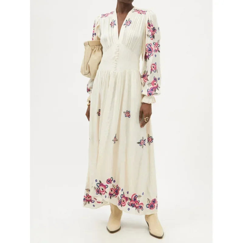 V-neck Floral A-line Lantern Sleeve Cotton Boho Dress