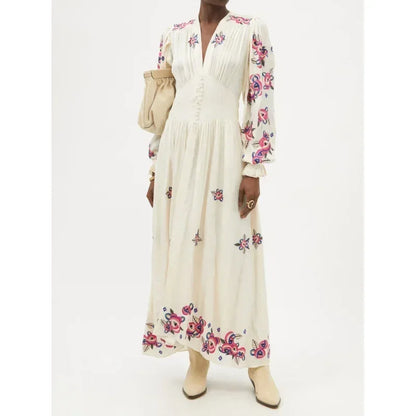 V-neck Floral A-line Lantern Sleeve Cotton Boho Dress