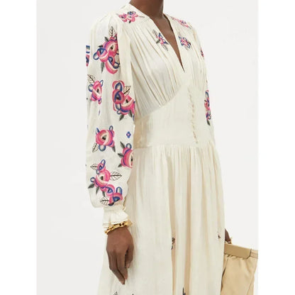 V-neck Floral A-line Lantern Sleeve Cotton Boho Dress