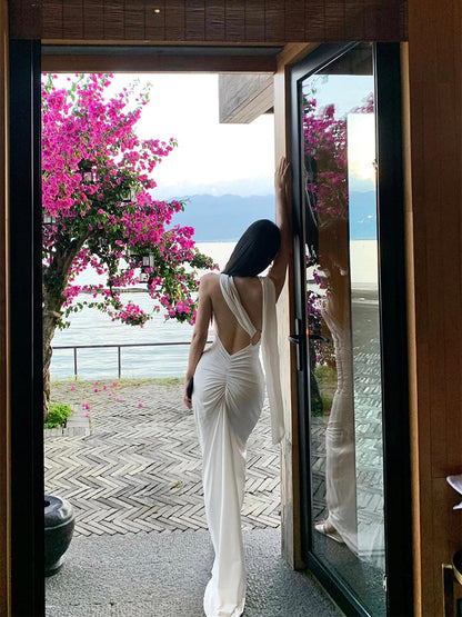 French-Inspired White Ribbon Tie Backless Maxi Dress Beach & Evening Elegance