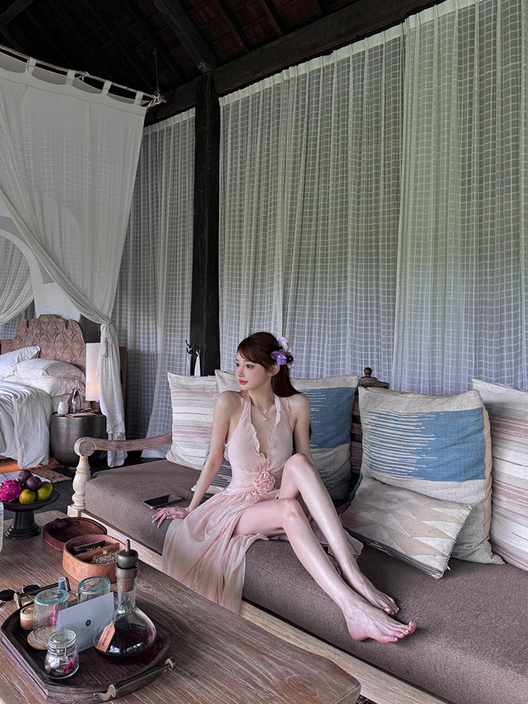 French Beach Chiffon Halter Maxi Dress Dreamy Flowing Sundress