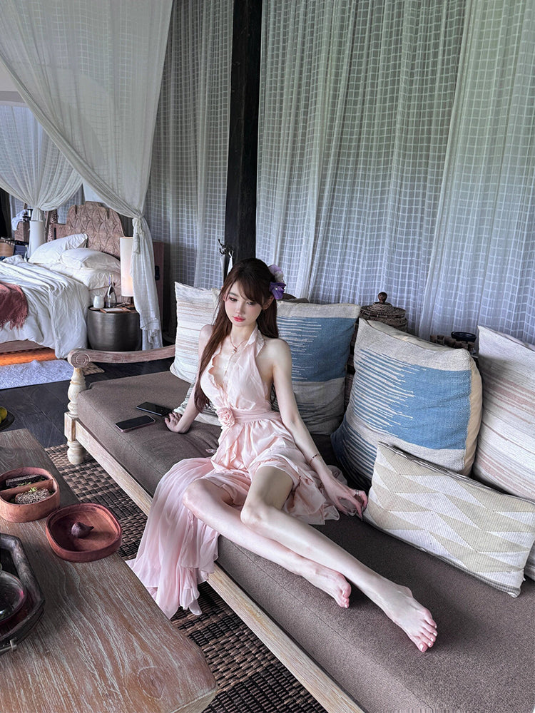 French Beach Chiffon Halter Maxi Dress Dreamy Flowing Sundress