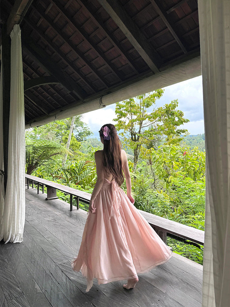 French Beach Chiffon Halter Maxi Dress Dreamy Flowing Sundress