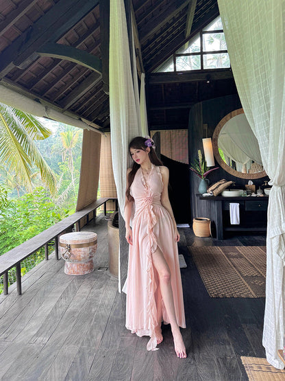 French Beach Chiffon Halter Maxi Dress Dreamy Flowing Sundress