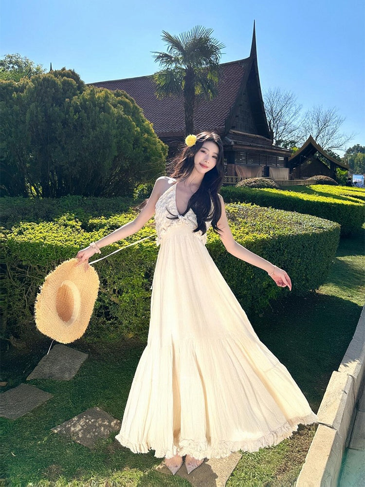 French Halter V-Neck Backless Maxi Dress Elegant Beach Vacation Sundress