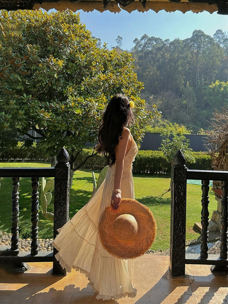 French Halter V-Neck Backless Maxi Dress Elegant Beach Vacation Sundress