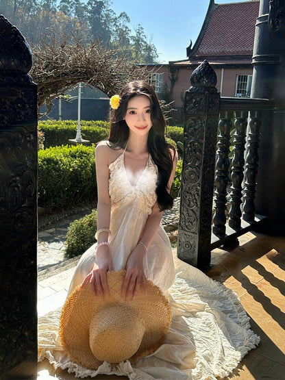 French Halter V-Neck Backless Maxi Dress Elegant Beach Vacation Sundress