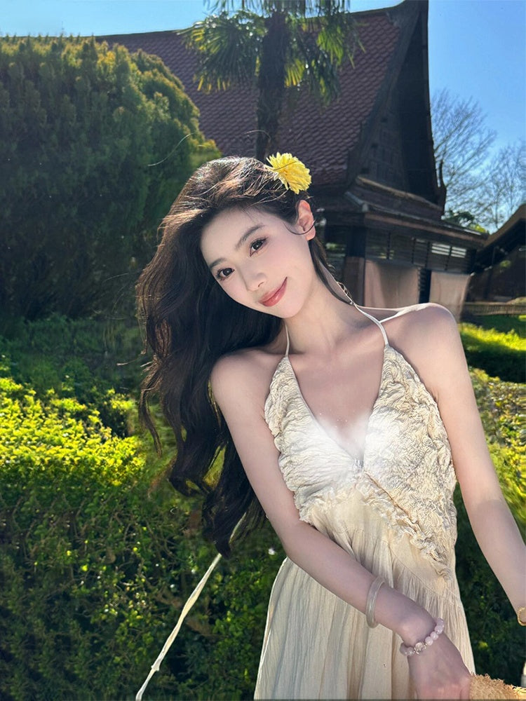 French Halter V-Neck Backless Maxi Dress Elegant Beach Vacation Sundress