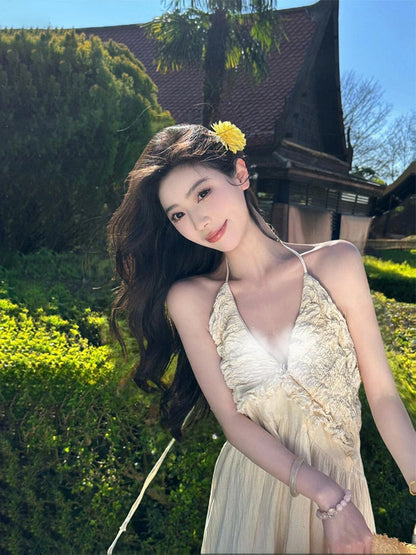 French Halter V-Neck Backless Maxi Dress Elegant Beach Vacation Sundress