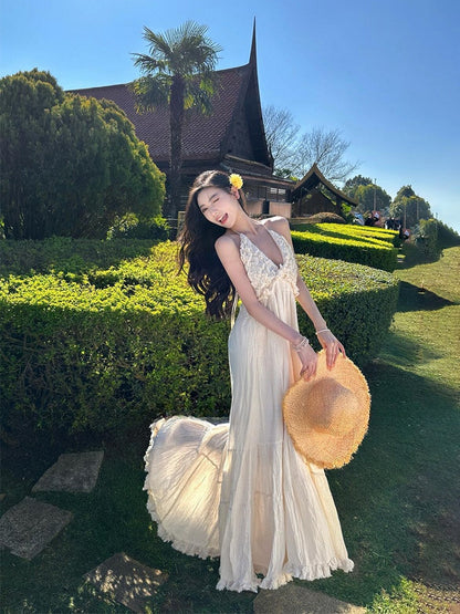 French Halter V-Neck Backless Maxi Dress Elegant Beach Vacation Sundress