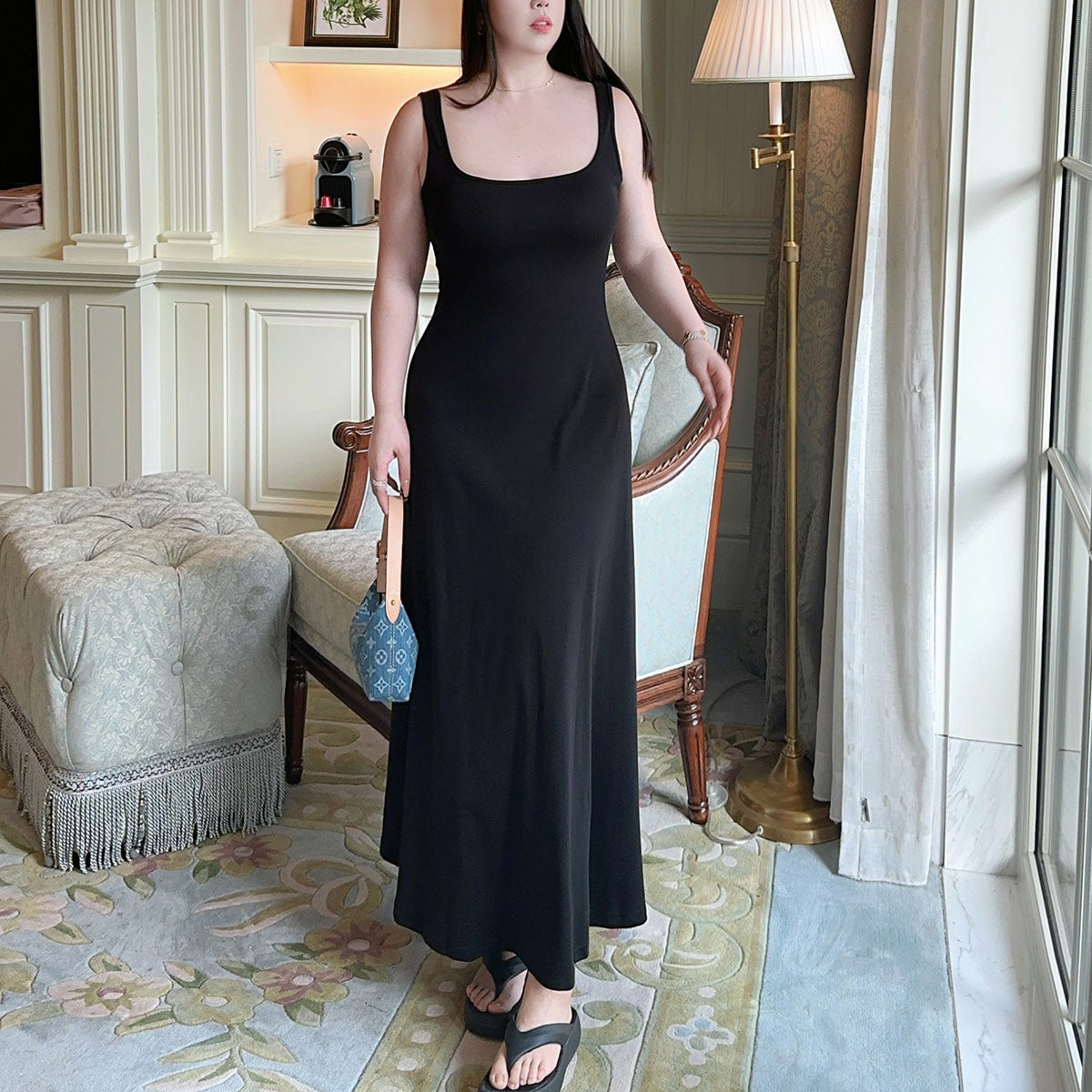 French Square-Neck Wide-Strap Slip Dress Plus-Size