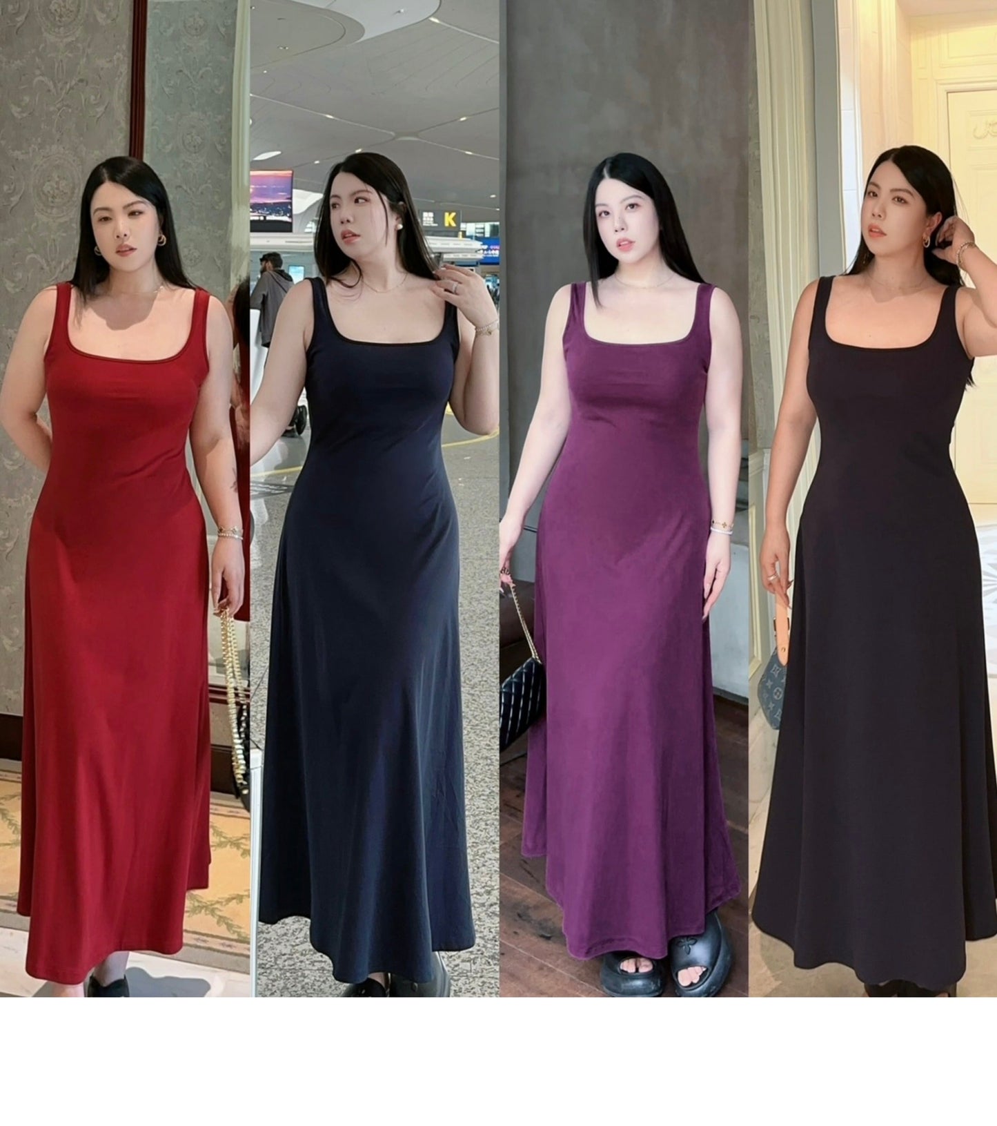 French Square-Neck Wide-Strap Slip Dress Plus-Size