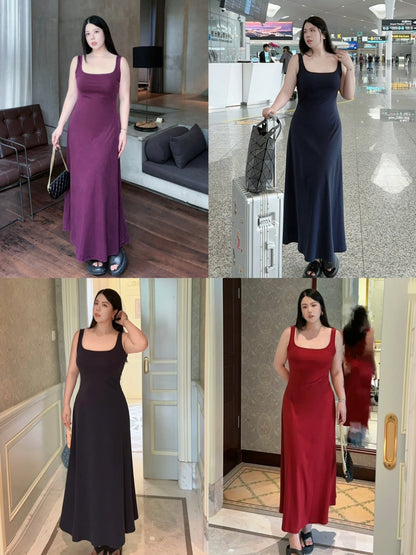 French Square-Neck Wide-Strap Slip Dress Plus-Size