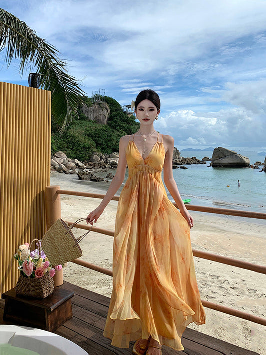 French Vintage-Inspired Watercolor Maxi Dress Soft, Elegant, & Airy