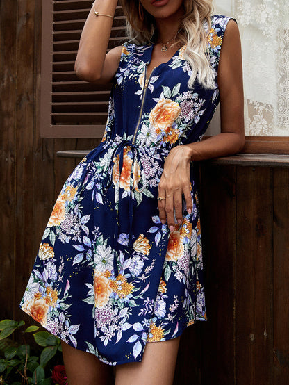 Zip Front Stand Collar Floral Print Drawstring Mini Dress