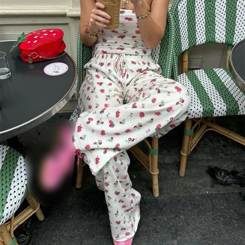 Fruit Print Strapless Tube Top Backless Crop Top Pants Two Pieces Set