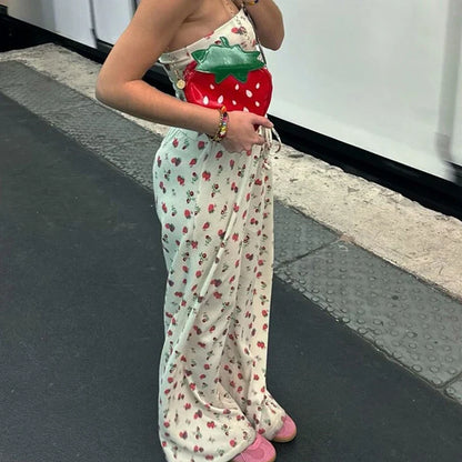 Fruit Print Strapless Tube Top Backless Crop Top Pants Two Pieces Set