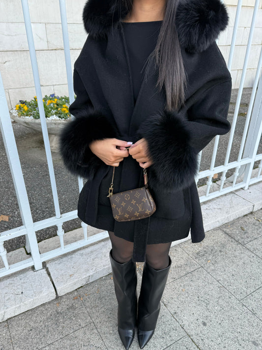 BLACK WOOL AND FUR COAT WITH HOOD