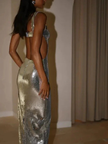 Sequins Backless Slit Sling Maxi Dress