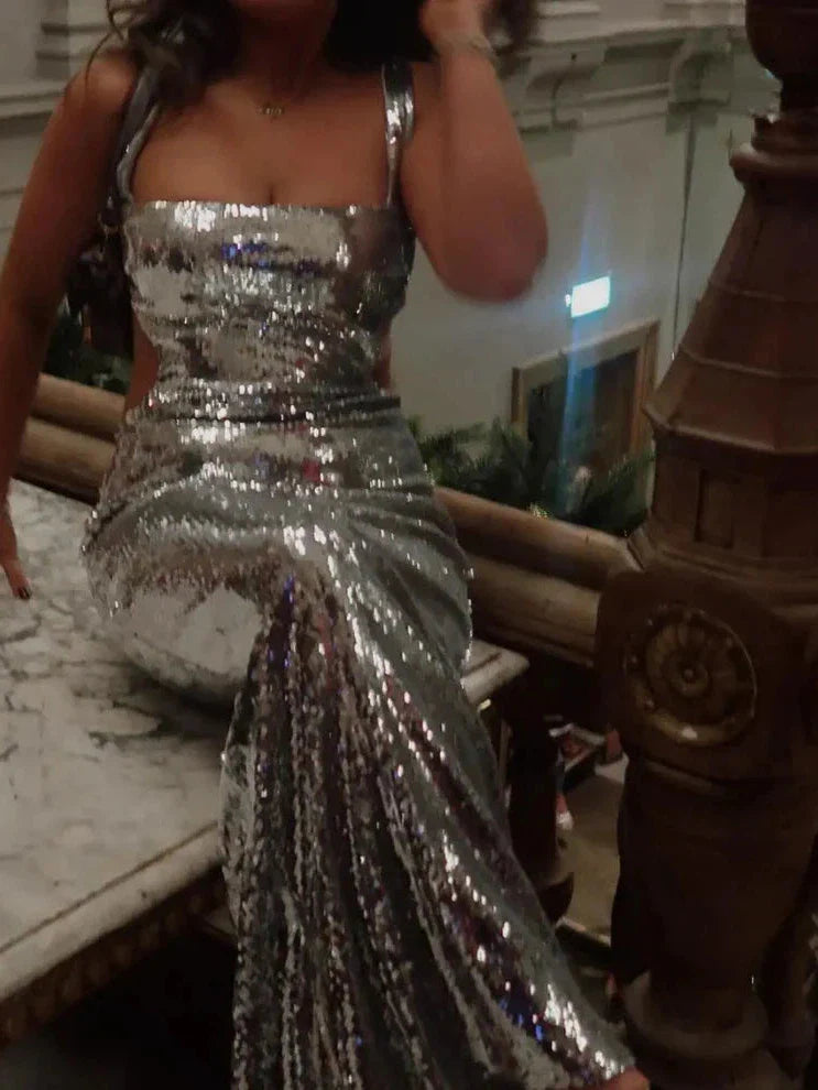 Sequins Backless Slit Sling Maxi Dress