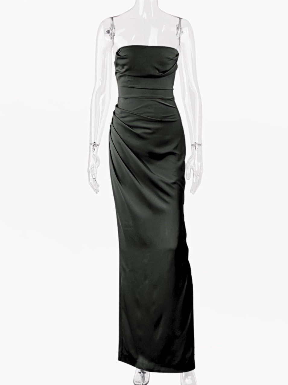 Ruched Satin Tube Top Split Maxi Dress