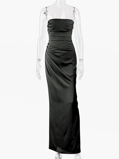 Ruched Satin Tube Top Split Maxi Dress